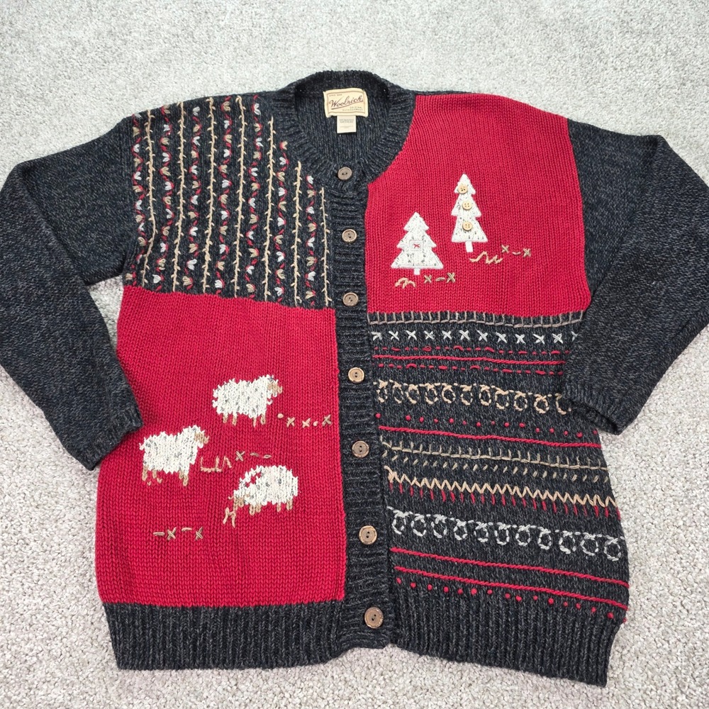 Vintage Woolrich Women Medium Cardigan Sweater Sheep Christmas Tree Patchwork